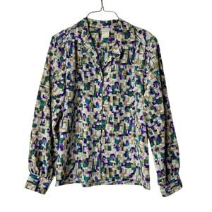 Bleyle VINTAGE teal‎ purple cream block abstract print button up blouse LARGE